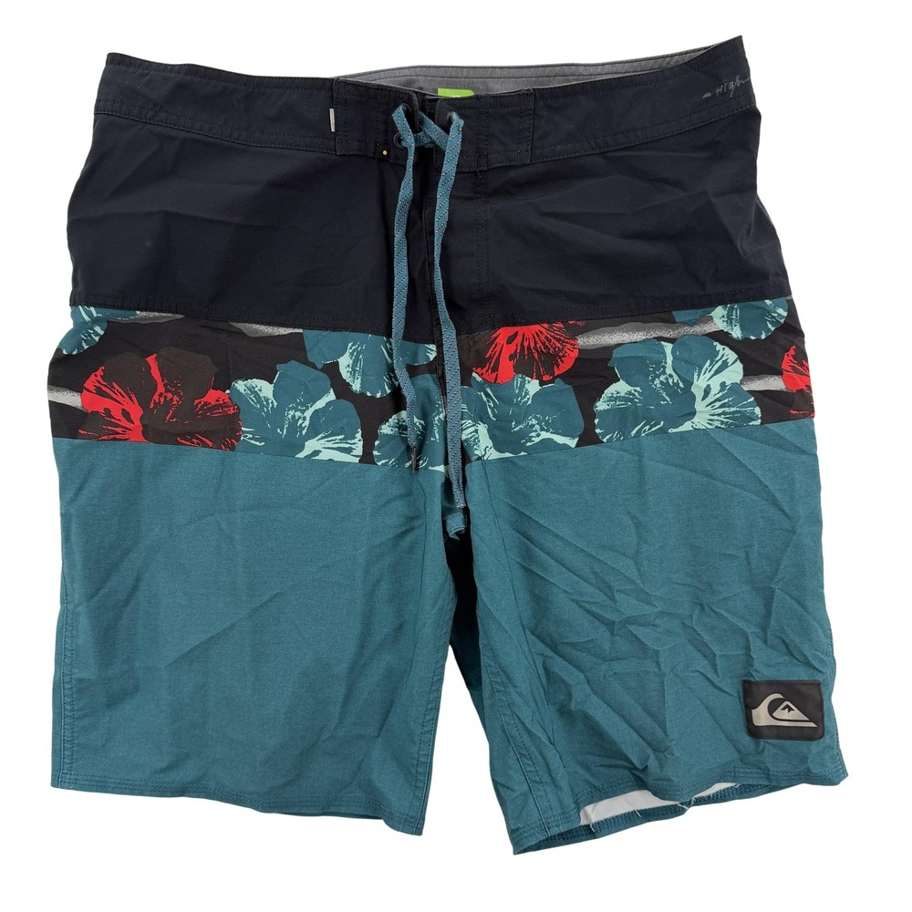 Quiksilver Shorts Mens 33 Black Teal Highline 4-Way Stretch Floral Boardshorts